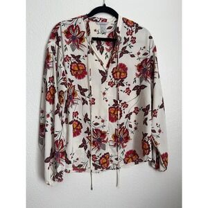 HM Womens Floral Long Sleeve Tie Neck‎ Blouse Off White Red P/N 0607667 7 Size 4